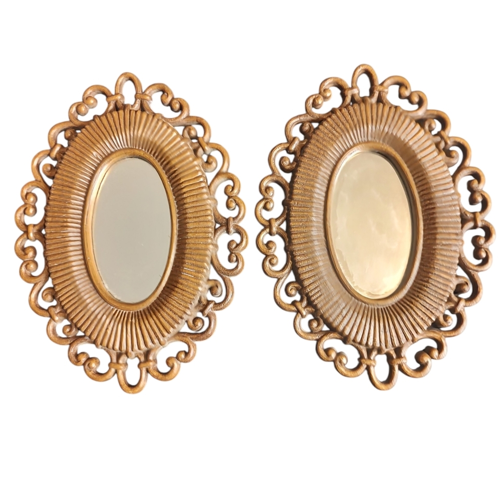 2 Vintage 1978 Brown Home Interior Homco Oval Wall Mirror Faux Wicker Rattan